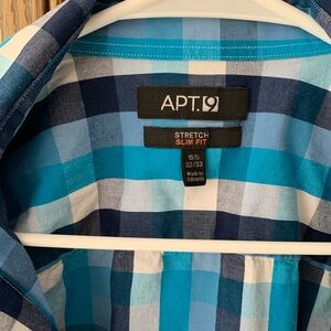 Apt. 9 15 1/2 Large dress shirt button front and sleeves blue,blk,wht checks